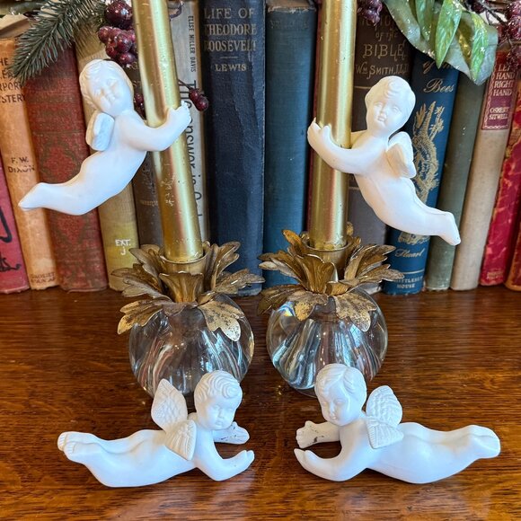 Vintage porcelain Bisque angel Taper Candle Huggers, Set of Four 4 - Picture 1 of 16
